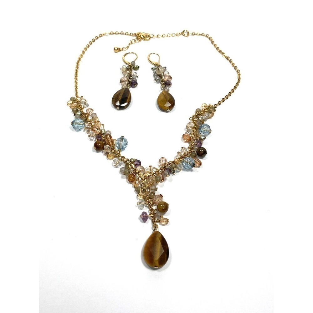 Avon NR Jewelry Set Necklace Earrings Drops Dangles Beaded Boho Tiger’s Eye
